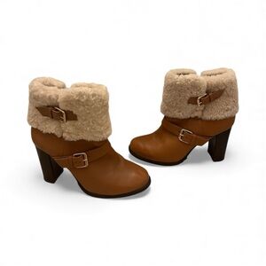Minelli Tan Leather Ankle Boots w/ Camel Fur & Size Buckle Straps | 9 US / 40 EU